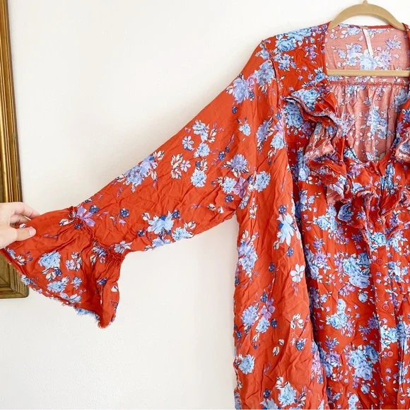 Free People Lorretta pop Print Tunic blouse long sleeve floral ruffle oversized - Picture 14 of 15